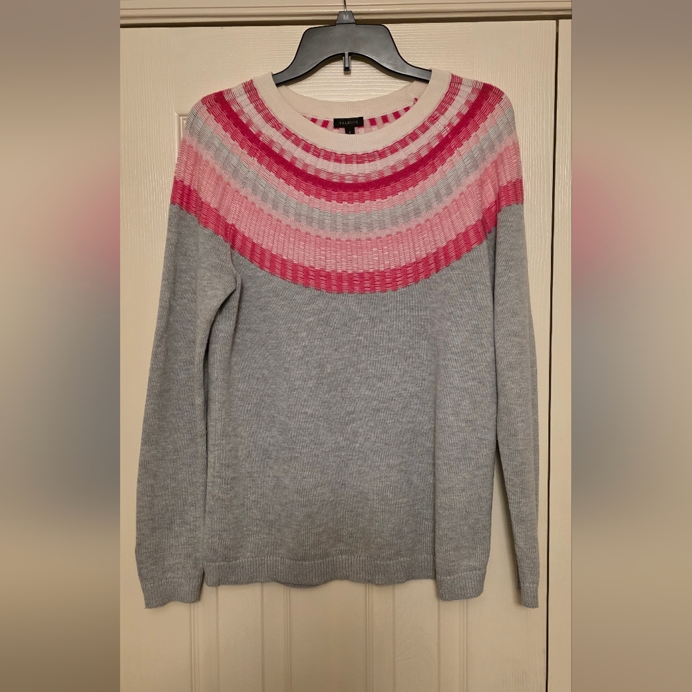 Talbots Rib Yoke Crewneck Sweater – Gray/Pink – Size S – Like New
